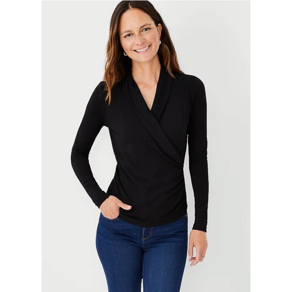 Tweeds Shawl Collar Timeless Wrap Black Cotton Top